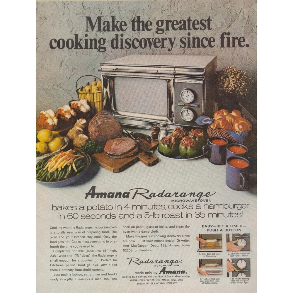 Amana Radarange Microwave Oven Retro Kitchen Mid Century Vintage Print Ad 1970